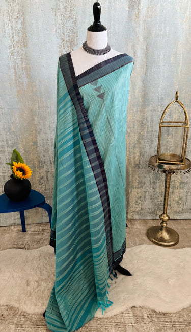 ShopNaya Exclusive | Handwoven | Pure Cotton Saree | Jamdani Weave | No Blouse | Sky Blue | Thread Work | Ships from California
